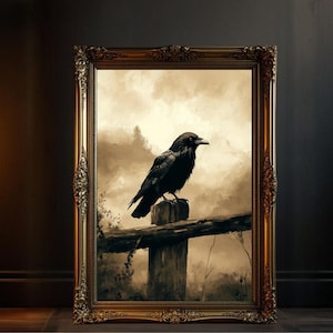 Dark Academia Art Printable, Raven Bird Wall Art ,Gothic Black Bird Digital Download, Home Decor Nature Illustration