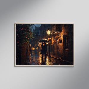 Romantic Rainy Night City Street Wall Art Print, Couple Under Umbrella Artwork, Cozy Evening Stroll Painting, Home Decor