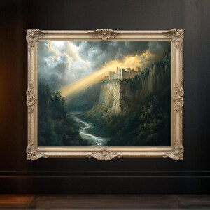 Enchanting Castle Landscape Wall Art, Mystical Castle Canvas Print, Fantasy Castle Artwork, Medieval Castle Decor Print, Misty Castle Wall