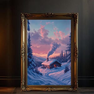 Winter Cabin Wall Art, Snowy Forest Landscape Print, Cozy Log Cabin Decor, Scenic Winter Evening Artwork, Christmas Cabin Poster