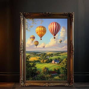 Hot Air Balloons Over Countryside, Scenic Landscape Wall Art, Colorful Hot Air Balloon Print, Home Decor, Nature Inspired Artwork