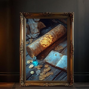 Pergamino de mapa del tesoro mágico con runas brillantes, impresión de arte de fantasía, arte de pared de decoración de aventuras, ilustración de pergamino encantado, decoración mítica