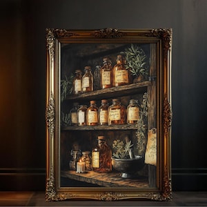 Vintage Apotheker Regal Wandkunst, rustikale Kräuterflaschen Druck, Dunkles Cottagecore Dekor, Witchy Kitchen Kunstwerk, Kabinett der Raritäten