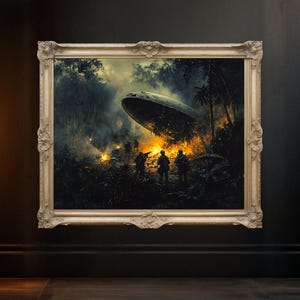 UFO crash site wall art, sci-fi alien invasion scene, extraterrestrial art for home or office, mysterious spaceship forest painting