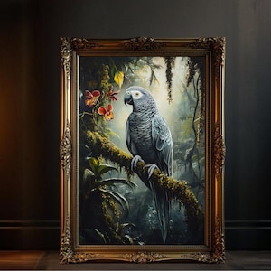 Arte murale con pappagallo, stampa di uccelli della foresta pluviale, decorazione della giungla, arte murale con la natura, poster di uccelli tropicali, arte della fauna selvatica, opere d'arte di uccelli esotici