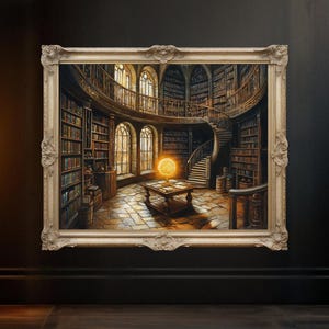 Vintage Library Wall Art Print, Magical Glow Canvas, Enchanted Bookshelves, Antique Study Room, Perfect Gift for Book Lovers