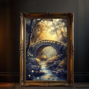 Verzauberte Waldbrücke Wand Kunst Druck, Natur Landschaft Leinwand, Rustikale Stein Brücke Dekor, Waldbachlauf Malerei, Fantasy Kunst
