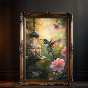 Hummingbird Floral Wall Art, Nature Bird Canvas Print, Botanical Home Decor, Colorful Garden Scene, Elegant Hummingbird Painting