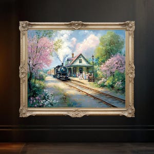 Vintage Train Station Landscape, Antique Railway Artwork, Springtime Flowers Painting, Historic Travel Decor, Cottage Scene Print Wall Art