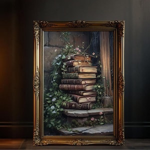 Vintage Books Stack, Dark Academia Art Printable, Old Books Wall Decor, Antique Library Art, Book Lover Gift, Rustic Literary Art