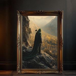 Fantasy Archer Wall Art, Green Cloaked Archer Standing on Mountain, Epic Wall Decor for Home Office, Archer Print, Scenic Nature Art