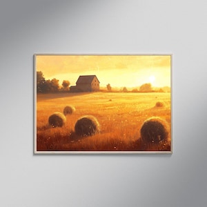 Rustic Farmhouse Landscape Wall Art, Sunset Fields Canvas Print, Country Home Decor, Rustic Barn and Haystacks Painting