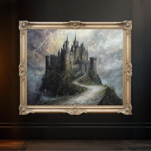 Mysterious Castle Wall Art, Gothic Medieval Landscape Painting, Haunted Castle Canvas Print, Dark Fantasy Home Decor