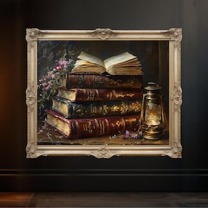 Vintage Book Stack with Antique Lantern and Flowers, Classic Literature Wall Art, Perfect for Library Decor or Book Lovers Gift