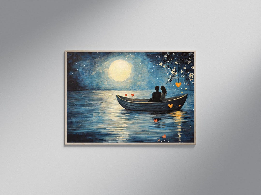 Romantic Boat Ride Under Moonlight, Couple in Love Wall Art, Night Sky ...
