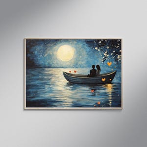 Romantic Boat Ride Under Moonlight, Couple in Love Wall Art, Night Sky Lake Painting, Heartfelt Starry Night Art, Dreamy Home Decor