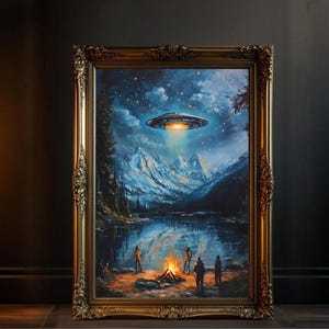UFO Lagerfeuer Wand Kunst, Außerirdischer Raumschiff See Druck, Bergige Landschaft Poster, Einzigartige Wildnis Nacht Dekor, Mystisch Kunstdruck