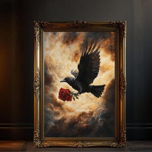 Gothic Crow with Rose Wall Art Print, Raven Art Print, Dark Romantic Crow and Rose Print, Bird and Flower Art Wall Décor, Dramatic Wall Art