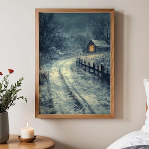 Winter Cabin Woodland Scene, Cozy Snowy Night Art, Rustic Winter Landscape Print, Cabin Wall Decor, Peaceful Winter Artwork, Nature Art