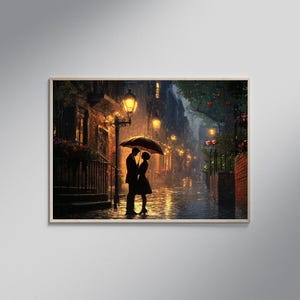Romantic Rainy Night Couple Wall Art, Street Lamp Love Canvas Print, Rainy Day Silhouette Art, Lovers Under Umbrella