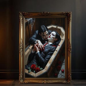 Gothic Vampire Art, Gothic Romance Print, Dark Fantasy Wall Decor, Vampire Lovers Painting, Spooky Halloween Art, Coffin Scene Artwork