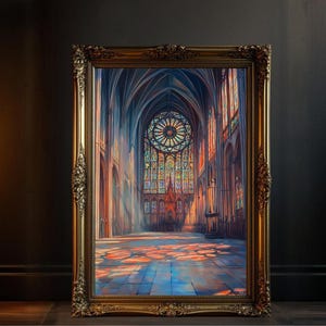 Gothic Cathedral Interior Wall Art, Stained Glass Sunlight Print, Historic Architecture Decor, Colorful Church Artwork