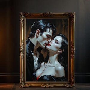 Dark Gothic Vampire Lovers Passionate Kiss, Romantic Gothic Wall Art Decor, Mysterious Vampire Love Art Print, Gothic Couple Poster