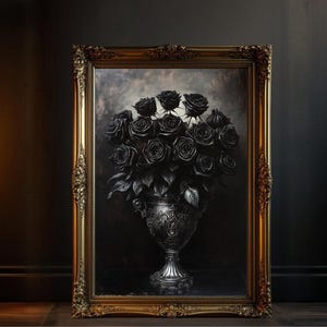 Gothic Black Rose Bouquet, Dark Art Floral Print, Moody Flower Wall Decor, Creepy Botanical Artwork, Black Roses, Victorian Vase Print