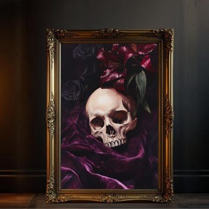 Gothic Skull Art Print, Dark Floral Wall Art, Macabre Decor, Skull with Flowers Painting, Edgy Home Decor, Unique Gothic Art Poster