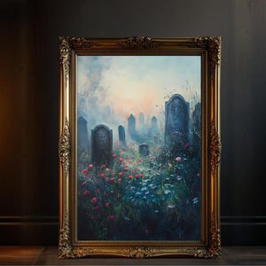 Mysterious Cemetery Wall Art Print, Spooky Graveyard Landscape Painting, Haunted Graveyard Decor, Gothic Cemetery Artwork, Eerie Wall Decor