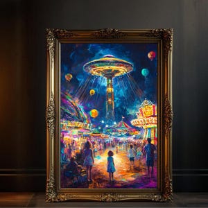 Lebendige Karneval Nacht Wand Kunst, Bunte Rummelplatz Druck, Festival Fahrgeschäft Dekoration, Vergnügungspark Poster, Künstler Leinwand