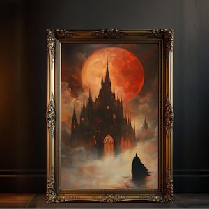 Gothic Castle Wall Art Print, Spooky Moonlit Castle Painting, Dark Fantasy Wall Decor, Haunting Gothic Architecture Art, Halloween Decor