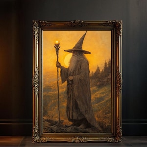 Enchanted Wizard Wall Art Magical Fantasy Decor Mythical Sorcerer Artwork Mystical Staff Sunset Painting Fantasy Wall Hanging