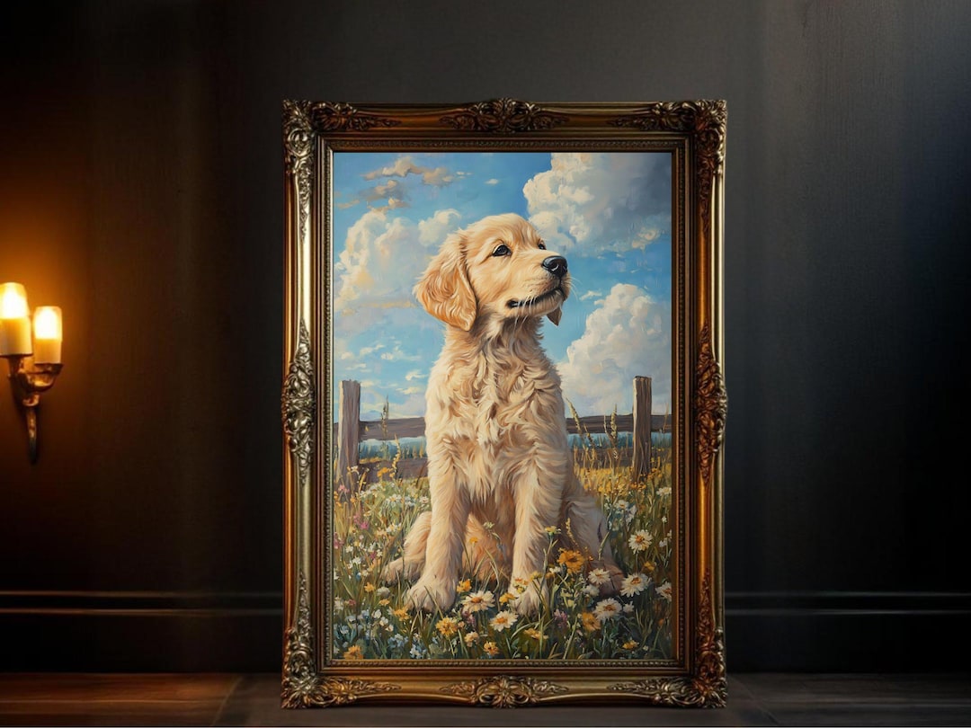 Golden Retriever Puppy Wall Art, Dog Painting Print, Cute Puppy Decor ...
