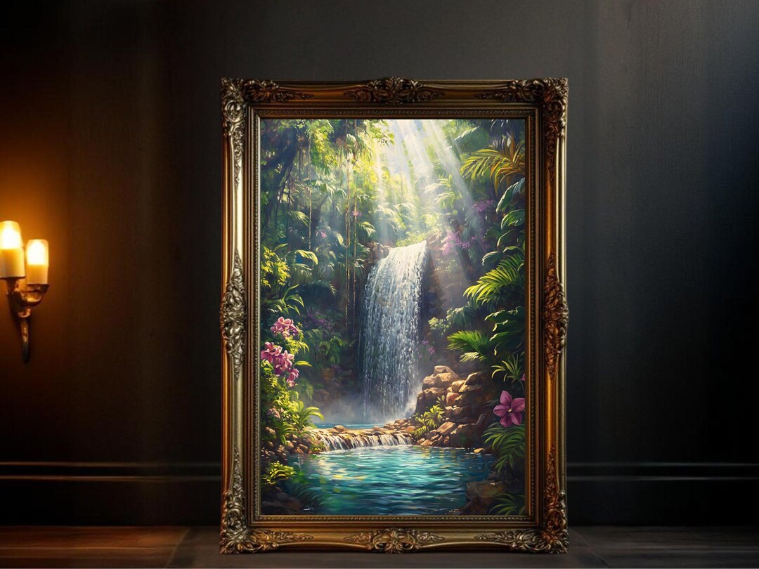 Tropical Waterfall Wall Art, Jungle Nature Print, Lush Green Landscape ...