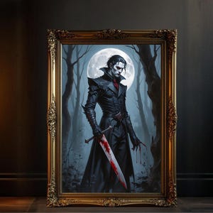 Gothic Vampire with Bloody Sword Wall Art, Dark Fantasy Art Print, Moonlit Forest Decor, Spooky Halloween Gothic Wall Art, Unique Gift