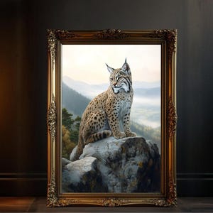 Lynx wildlife wall art, Nature inspired home decor, Mountain landscape print, Large animal wall art, Majestic lynx canvas
