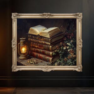 Vintage Books Lantern Floral Art Print, Antique Book Art, Cozy Reading Nook Decor, Classic Literature Wall Art, Book Lover Gift