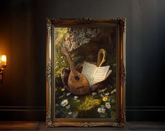 Vintage Mandolin and Lyre Wall Art with Sheet Music, Antique Musical Instruments Artwork, Rustic Music Themed Home Decor, Classical Music