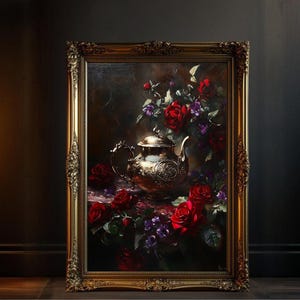 Vintage Teapot Wall Art Print, Antique Floral Painting, Victorian Teapot Image, Red and Purple Rose Artwork, Elegant Home Decor