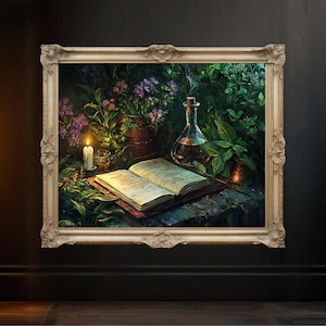 Enchanted Forest Botanical Book Wall Art Print Magic Elixir Candle Nature Fantasy Home Decor Artwork, Boho Bedroom Living Room Poster