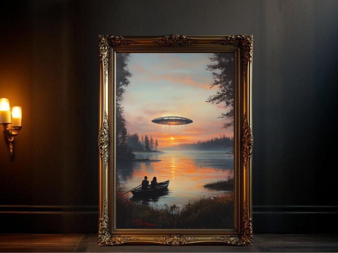 UFO Lake Sunset Wall Art, Alien Spaceship Painting, Couple in Boat ...