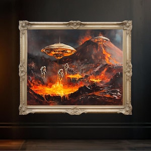 Futuristic Space Art Print, Sci-Fi Wall Decor, Volcano Eruption, Spaceship and Astronauts Painting, Unique Wall Art for Home Office