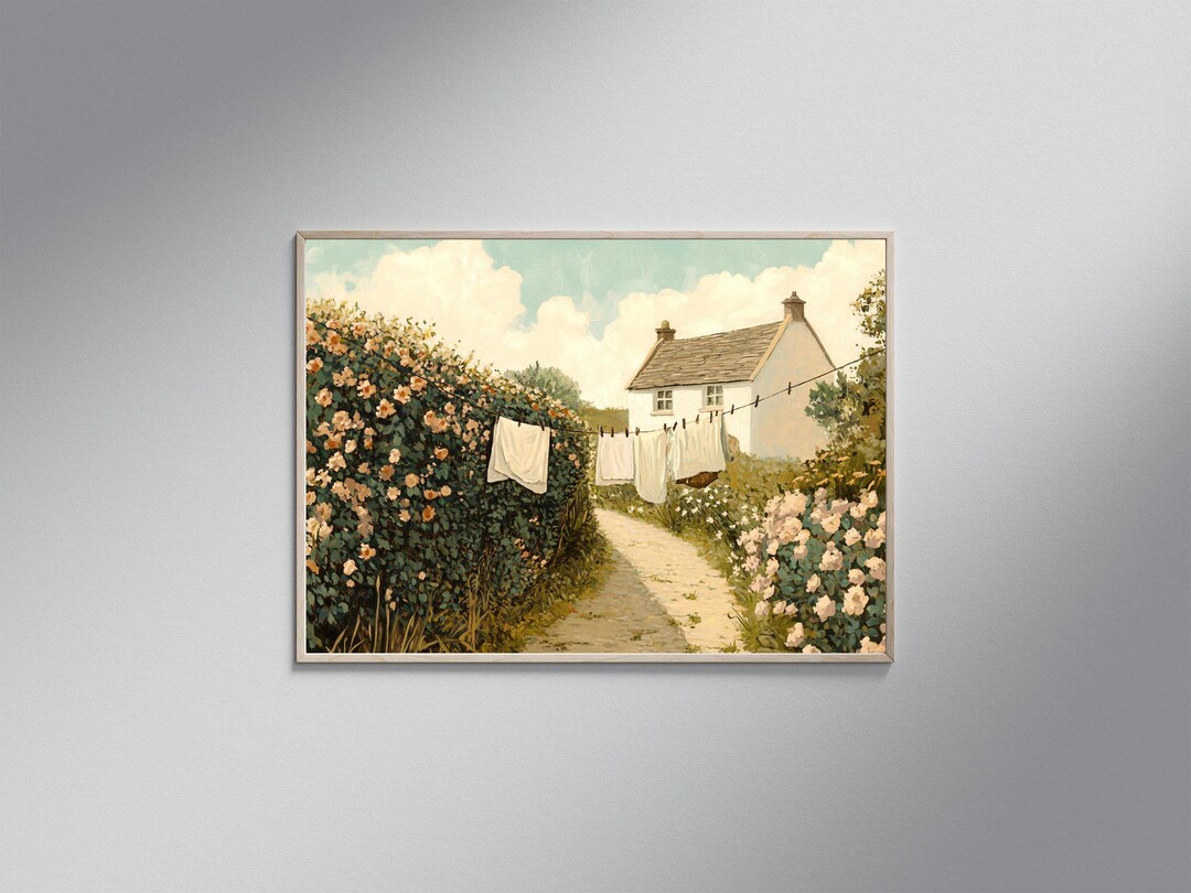 Vintage Country Cottage Wall Art, Clothesline With Flowers Print ...