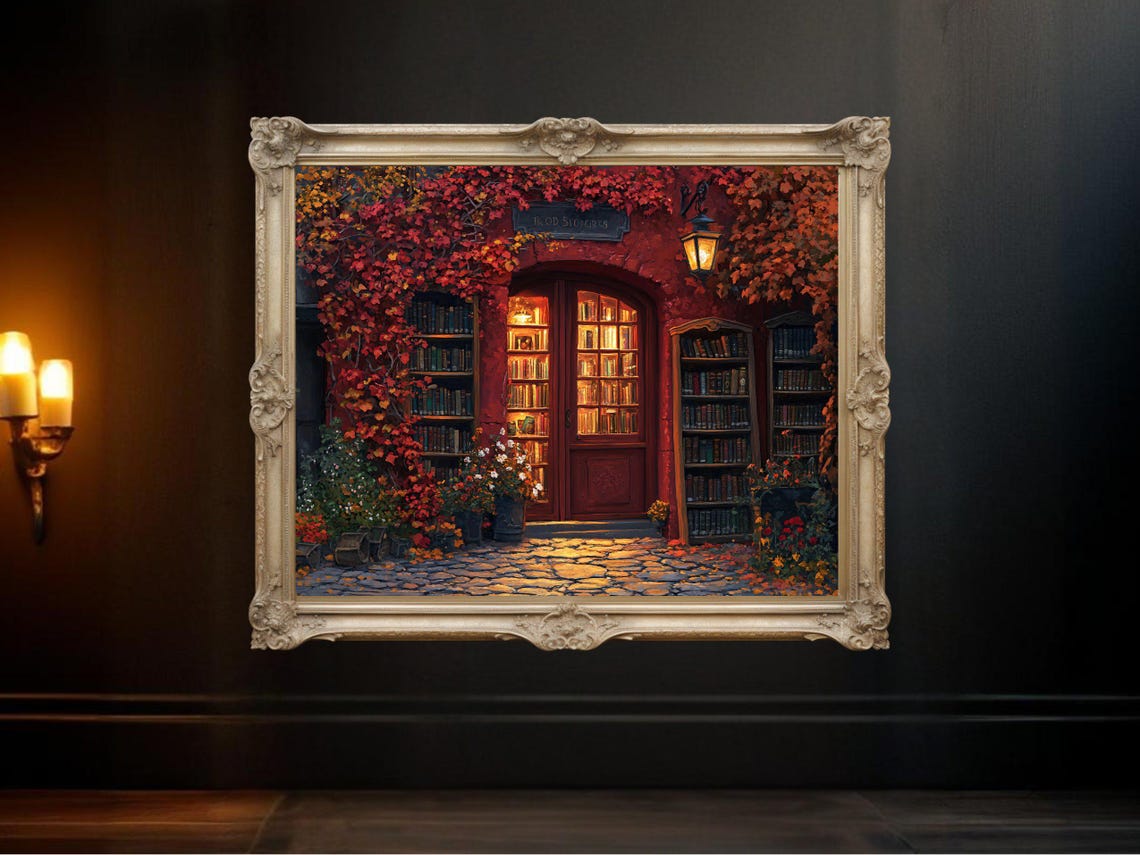 Cozy Bookstore Entrance Wall Art Print, Autumn Vine Covered Doorway ...