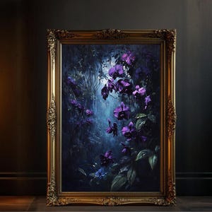 Enchanted Forest Wall Art, Mystical Flower Canvas Print, Dark Purple Floral Print, Whimsical Nature Art, Botanical Wall Decor