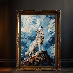 Wolf Howling at Moon Wall Art, Majestic Wildlife Canvas Print, Nature Lover Home Decor, Wilderness Painting, Blue Abstract Art