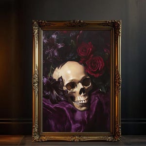Arte de pared con calavera gótica, estampado de calavera con flores oscuras, decoración de Halloween, cuadro de calavera espeluznante con rosas, decoración gótica, póster de arte oscuro
