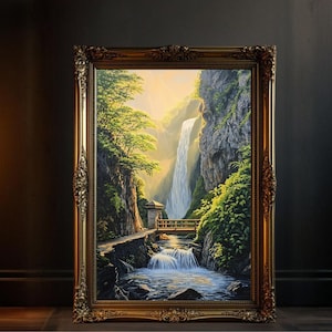 Stunning mountain waterfall landscape painting, nature scenery wall art, serene forest and river canvas print, home decor