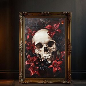 Skull Wall Art Print, Gothic Floral Skull Decor, Dark Art Home Decor, Bone Skull Wall Hanging, Macabre Art Poster, Alternative Art